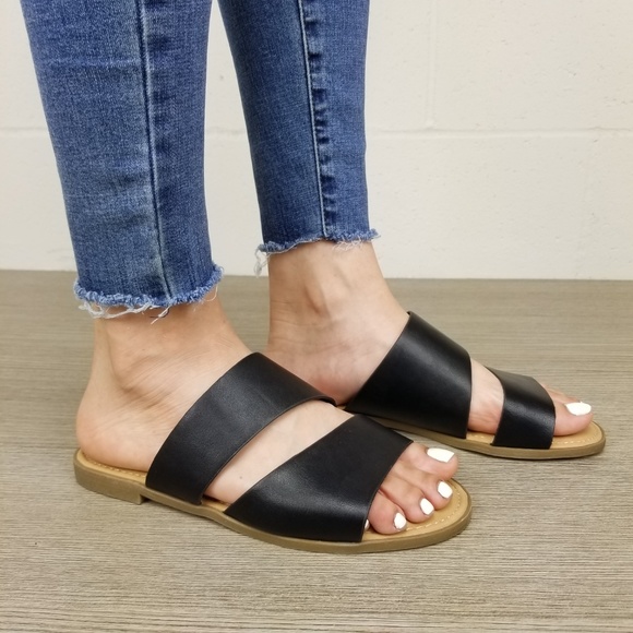 Shoes - Black Vegan Leather Flat Comfort Sandals